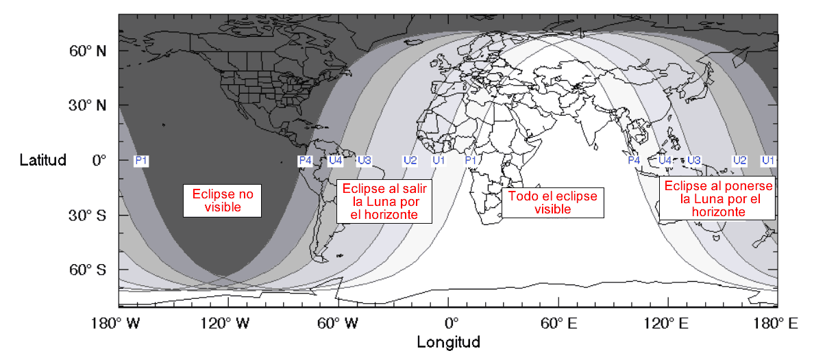 Zonas de visibilidad del eclipse lunar del 27-7-2018